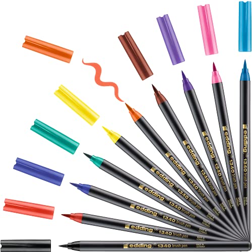 edding 1340 Pinselstift - 10er Set - bunte, leuchtende Farben - flexible Pinselspitze - Filzstift zum Malen, Schreiben und...